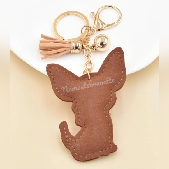 Chihuahua Dog Crystal Rhinestone Keychain Bag Charm With Tan Tassel - Picture 13 of 17
